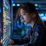 林晓晴，磁力搜首席技术官CTO，扎着马尾的女性工程师在显示器前专注调试代码，体现技术专业与严谨态度